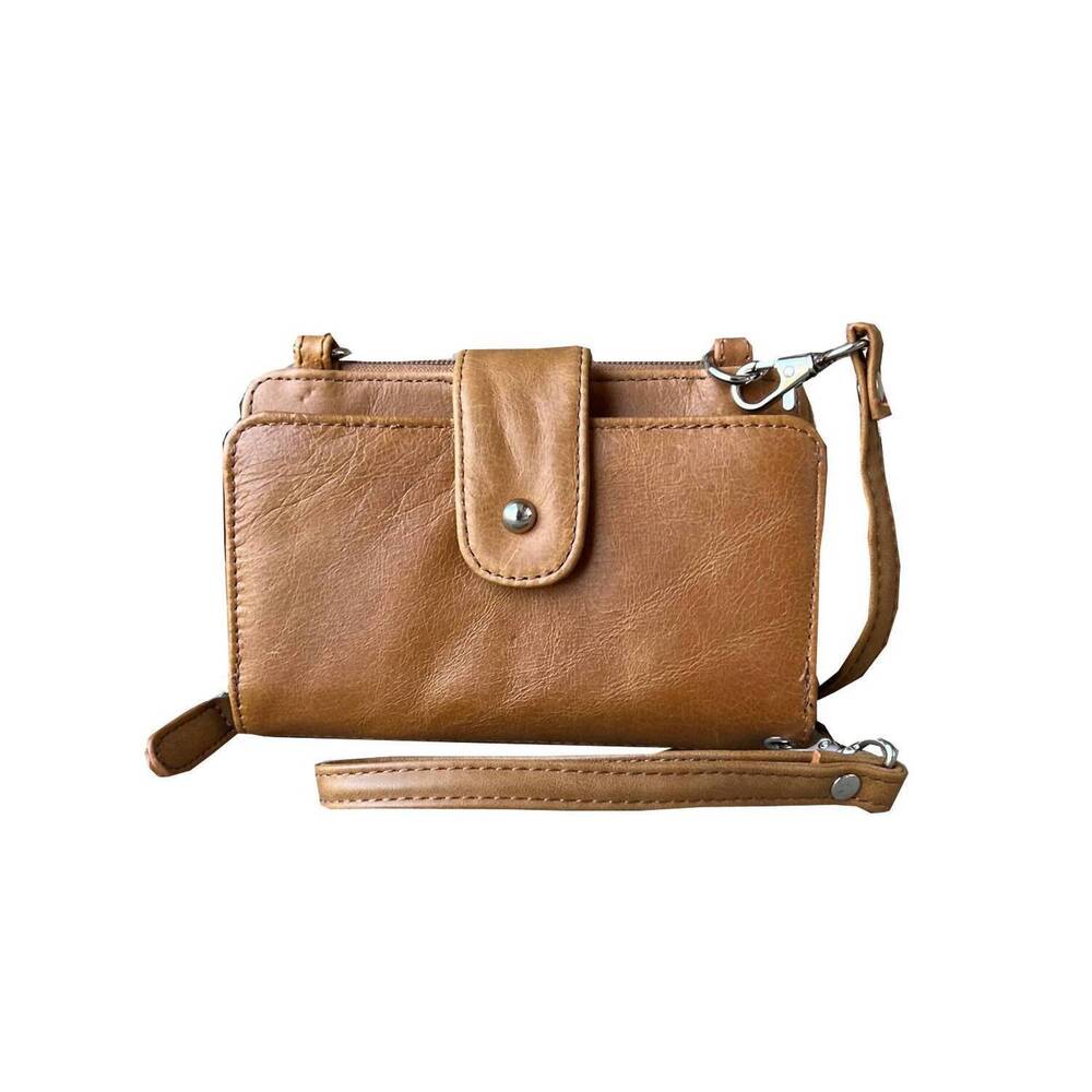 NEW ROMA LEATHERS women's leather phone crossbody wallet in light brown